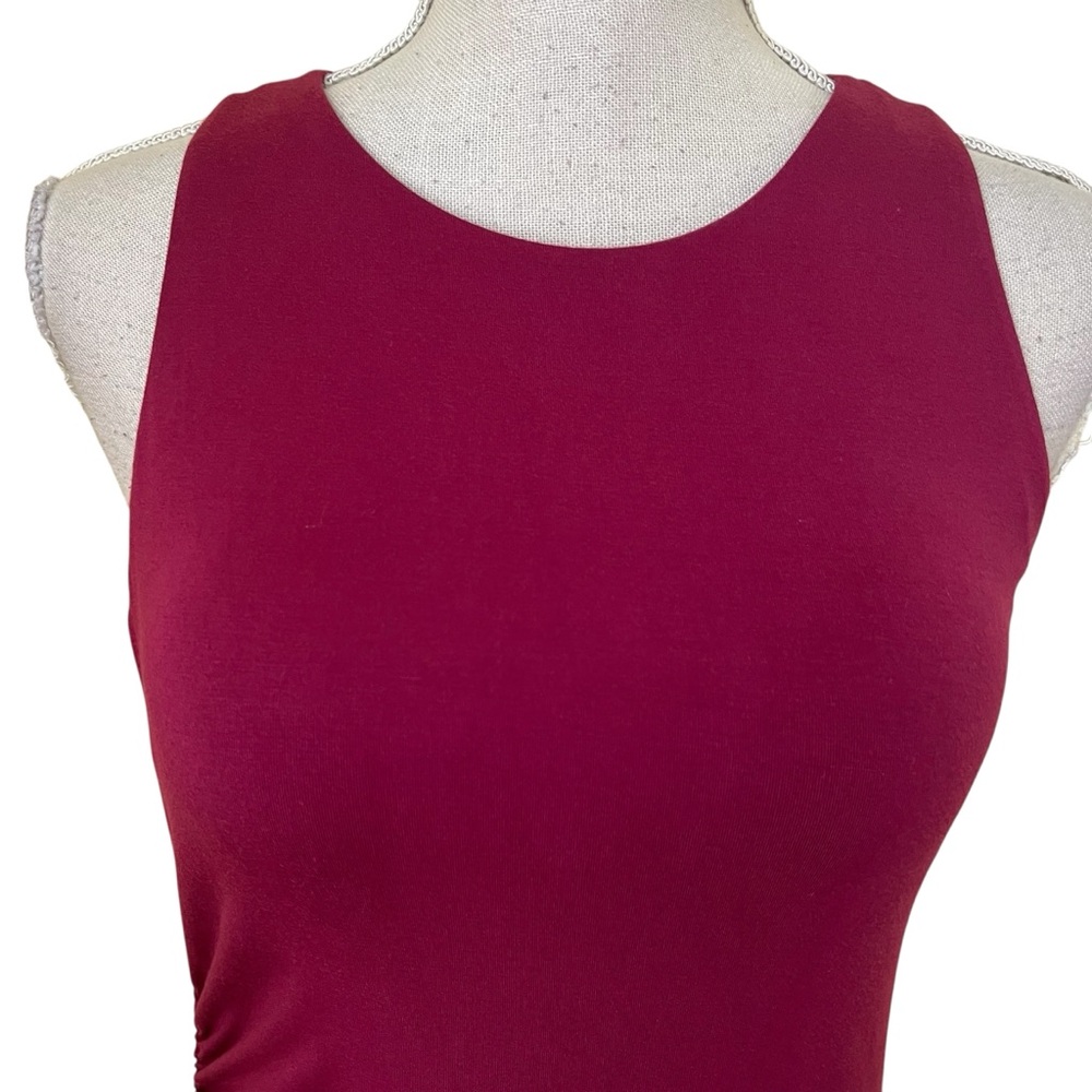 Halara Red Violet Round Neck Ruched Asymmetric Hem BodyCon Sleeveless Mini Dress - Picture 3 of 9